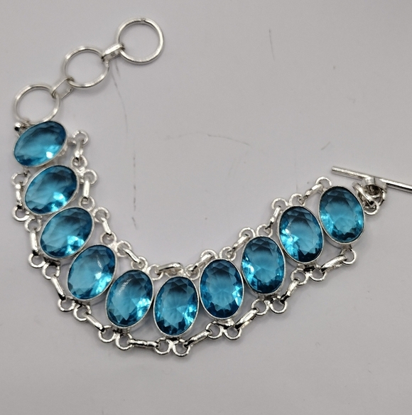 Swiss Blue Topaz Gemstone .925 Sterling Silver Bracelet Sz 7-8" - Picture 4 of 6